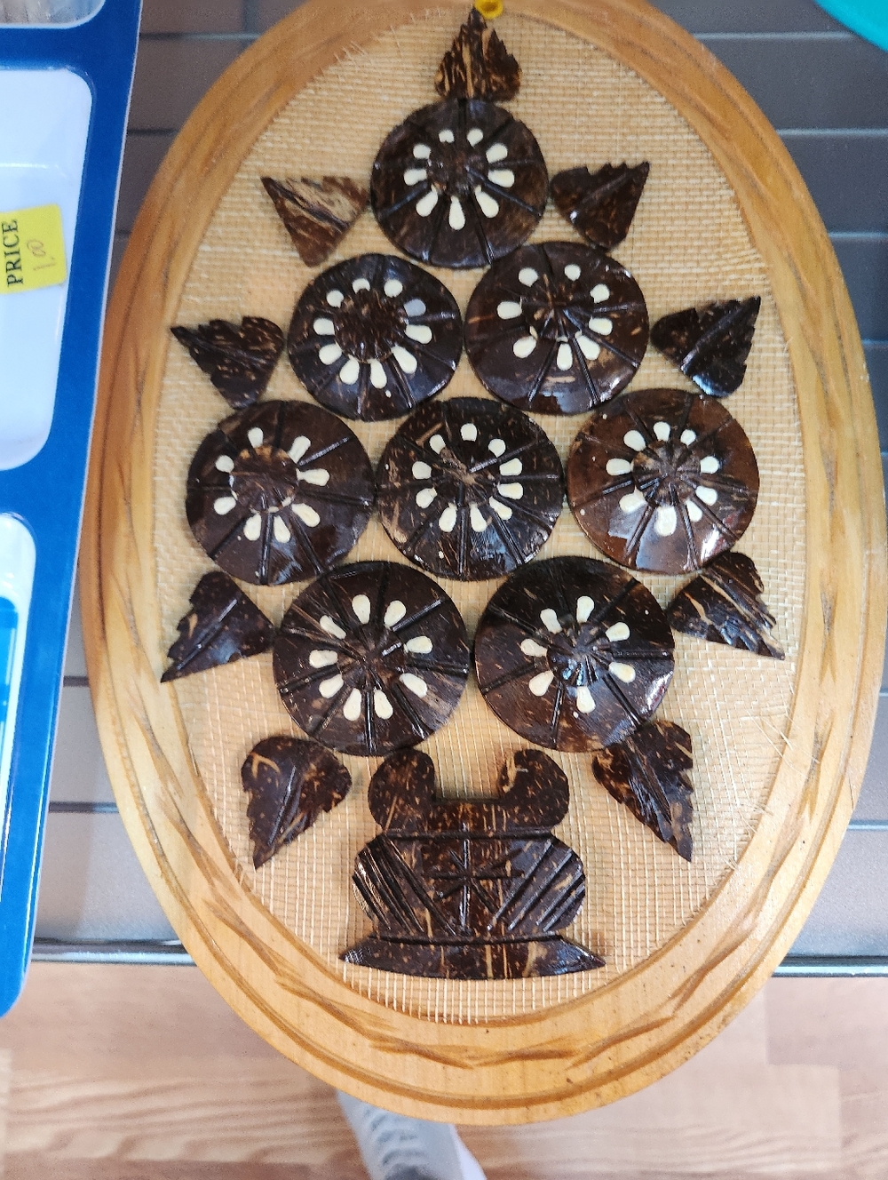 Handcrafted Wood & Coconut Shell Wall Plaque - Dark Brown
